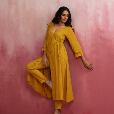 trueBrowns Mustard Cotton Dobby Kurta Set