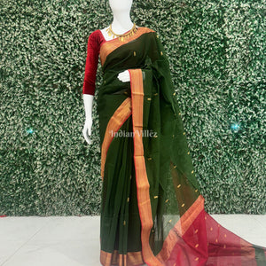 Bottle Green Butta Design Pure Silk Cotton Maheshwari Saree with Zari Border