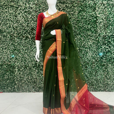 Bottle Green Butta Design Pure Silk Cotton Maheshwari Saree with Zari Border