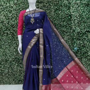 Royal Blue Leaf Motif Pure Silk Cotton Maheshwari Saree