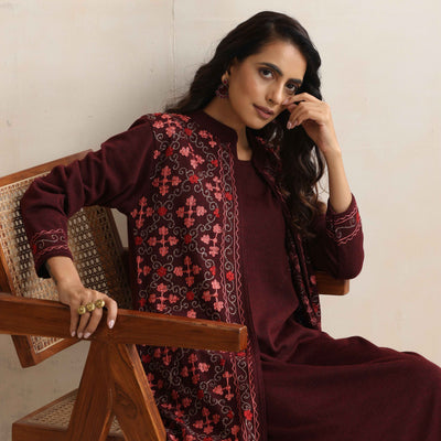 trueBrowns Purple Kashmiri Woollen Jacket 3pc Set