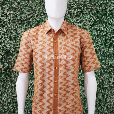 Sand Color Odisha Ikat Cotton Half Sleeve Shirt for Men