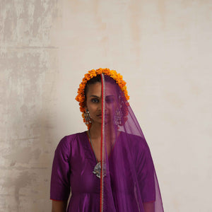 trueBrowns Purple Silk Anarkali Kurta Pant Dupatta Set