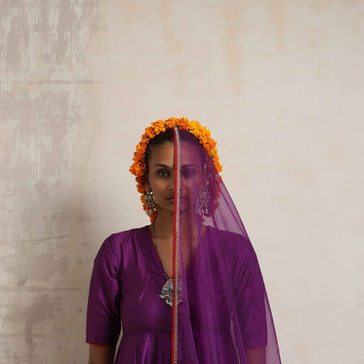 trueBrowns Purple Silk Anarkali Kurta Pant Dupatta Set