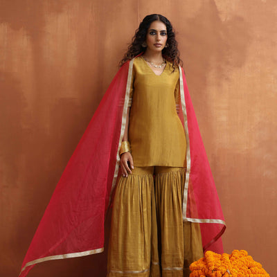 trueBrowns Gold Tissue Sharara Dupatta Set