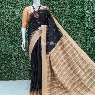 Black Peach Konark Temple Theme Bomkai Sambalpuri Ikat Silk Saree