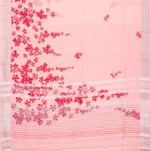 Bubblegum Pink Handloom Linen Saree With Printed Red Floral Motifs
