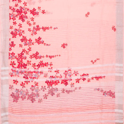 Bubblegum Pink Handloom Linen Saree With Printed Red Floral Motifs