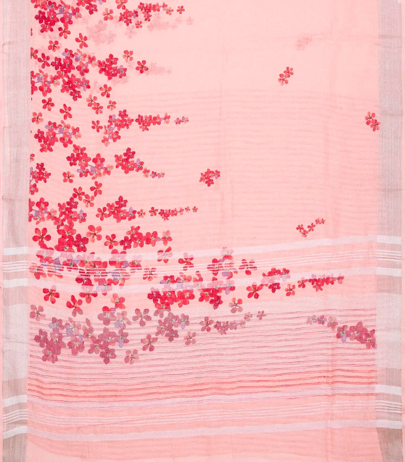 Bubblegum Pink Handloom Linen Saree With Printed Red Floral Motifs