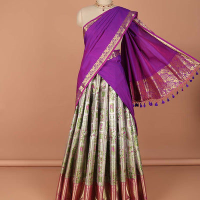 Green Geometric,floral design art-silk half saree, contrast traditional zari border,zari design blouse & intricate dhavani