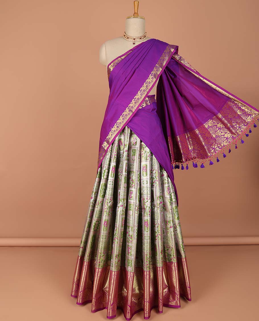 Green Geometric,floral design art-silk half saree, contrast traditional zari border,zari design blouse & intricate dhavani