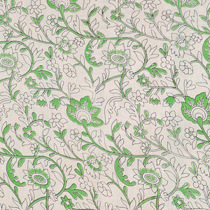 Green floral vine machine-printed kalamkari cotton saree, contrast floral creeper border & intricate pallu