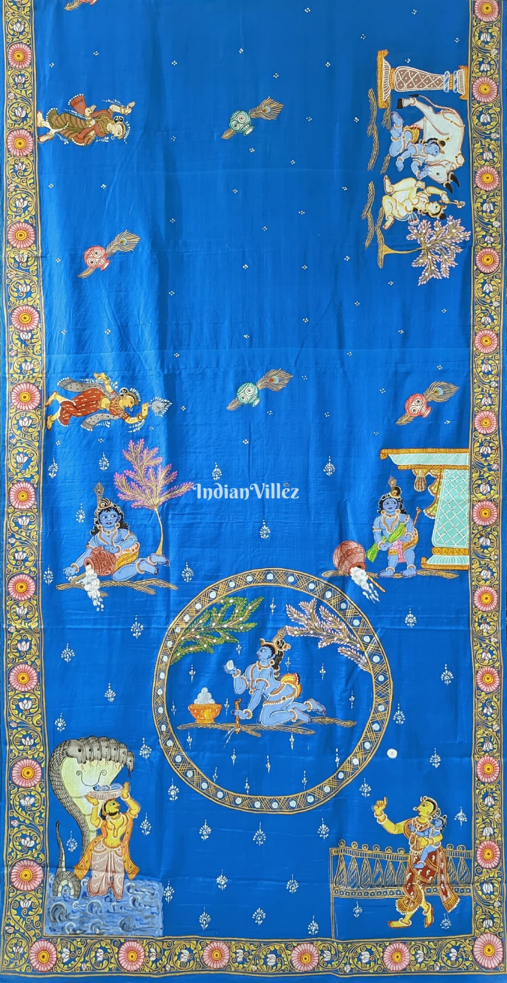 Peacock Blue Krishna Janmashtami Theme Pattachitra Saree