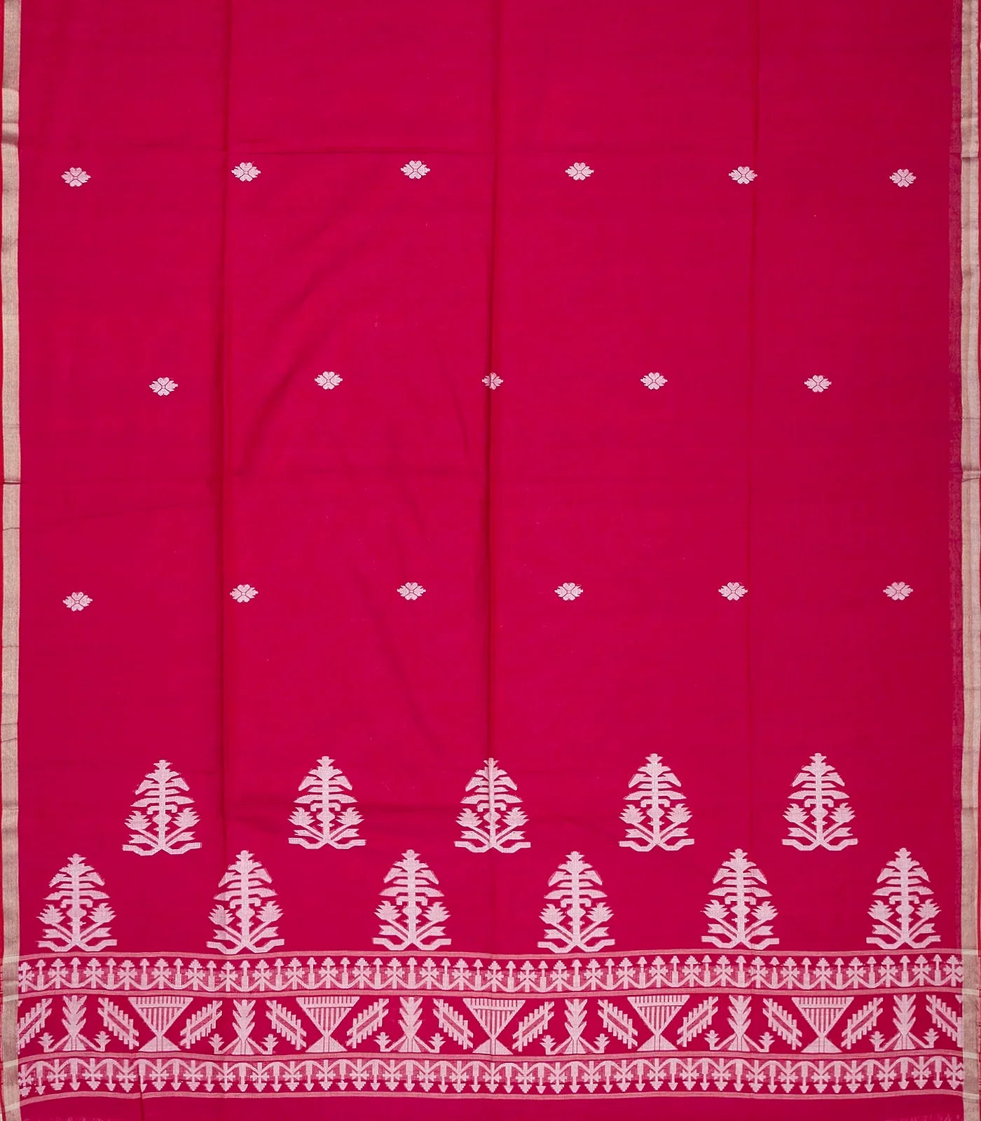 Hot Pink Handloom Bengal Cotton Saree With Floral Buttas