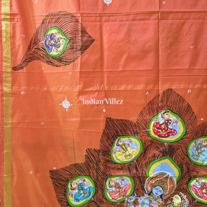 Orange Radha Krishna Peacock Design Pattachitra Saree