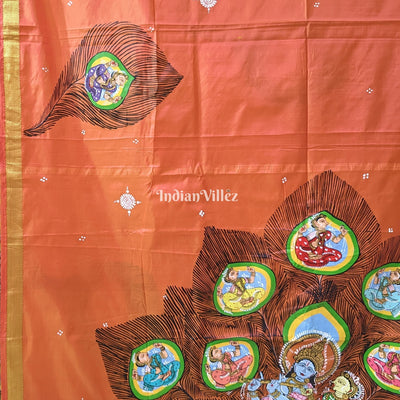 Orange Radha Krishna Peacock Design Pattachitra Saree