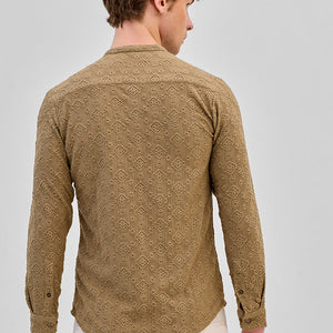Light Brown Mandarin Self-Design Shirt