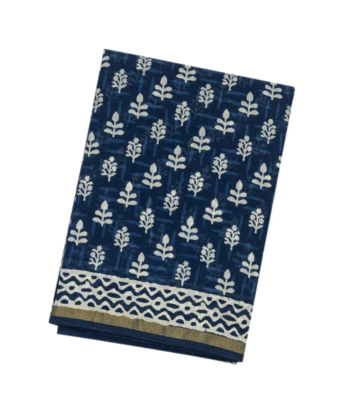 Indigo Woven Jaipur Cotton Saree With Printed Cream Floral Motifs