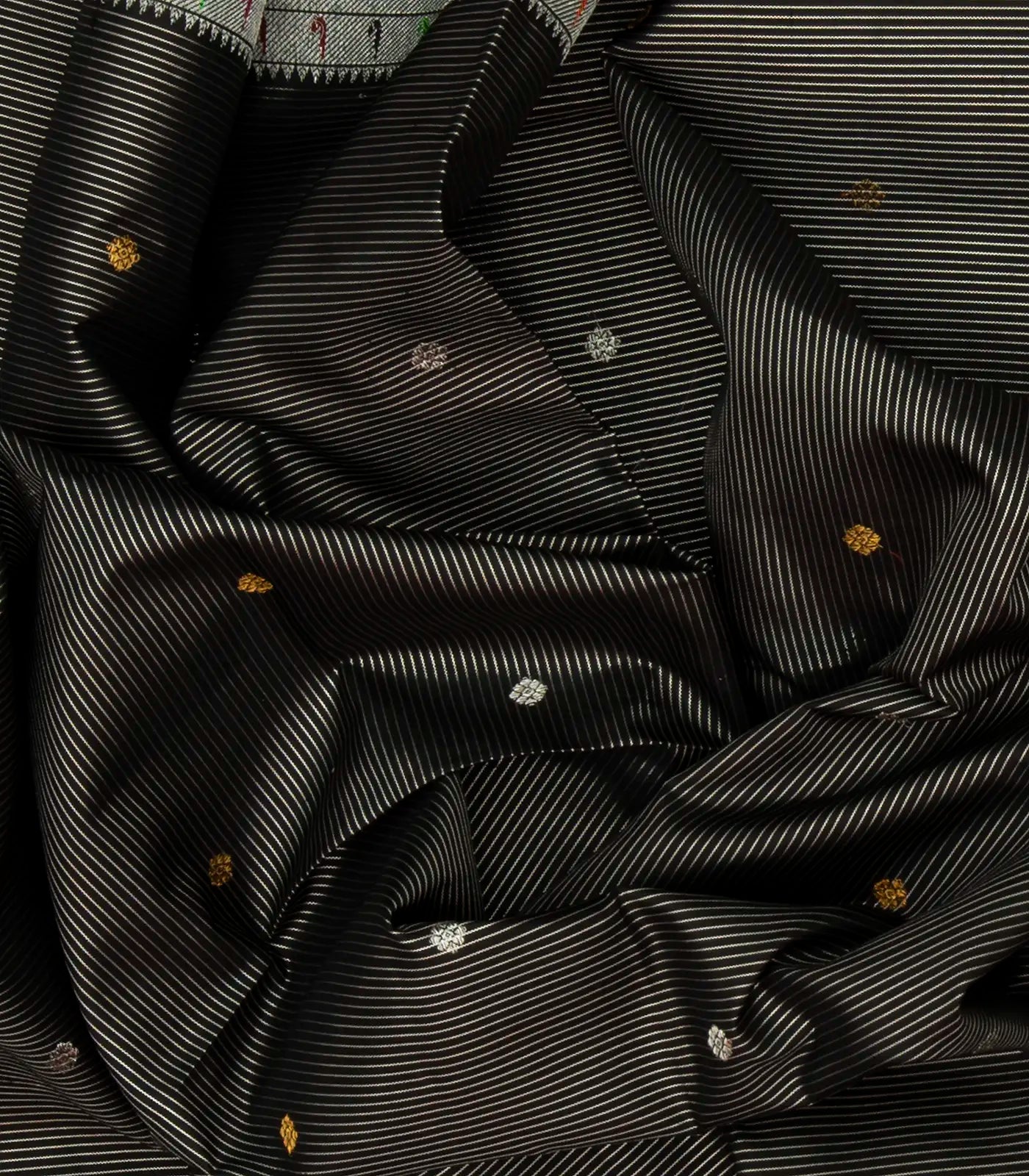 Black Handloom Kanchipuram Silk Saree With Zari Stripes & Buttas