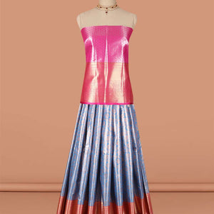 Blue  floral vine design art-silk half saree, contrast traditional zari border,zari design blouse & intricate dhavani