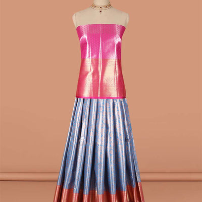 Blue  floral vine design art-silk half saree, contrast traditional zari border,zari design blouse & intricate dhavani