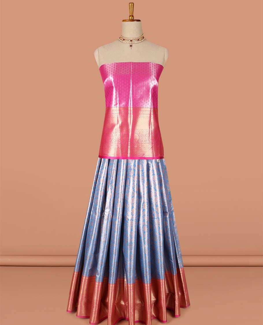 Blue  floral vine design art-silk half saree, contrast traditional zari border,zari design blouse & intricate dhavani