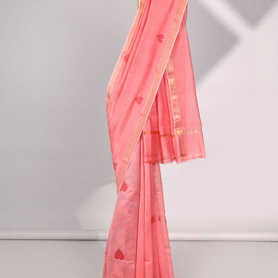 paech heart motifs chanderi cotton saree with self zari border & striped zari pallu