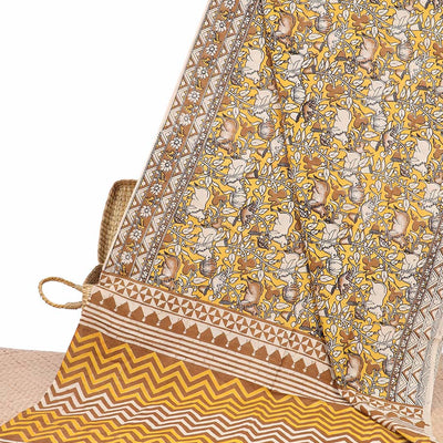 Yellow Pichwai cow machine-print kalamkari cotton saree, contrast chevron & floral printed border & chevron pallu