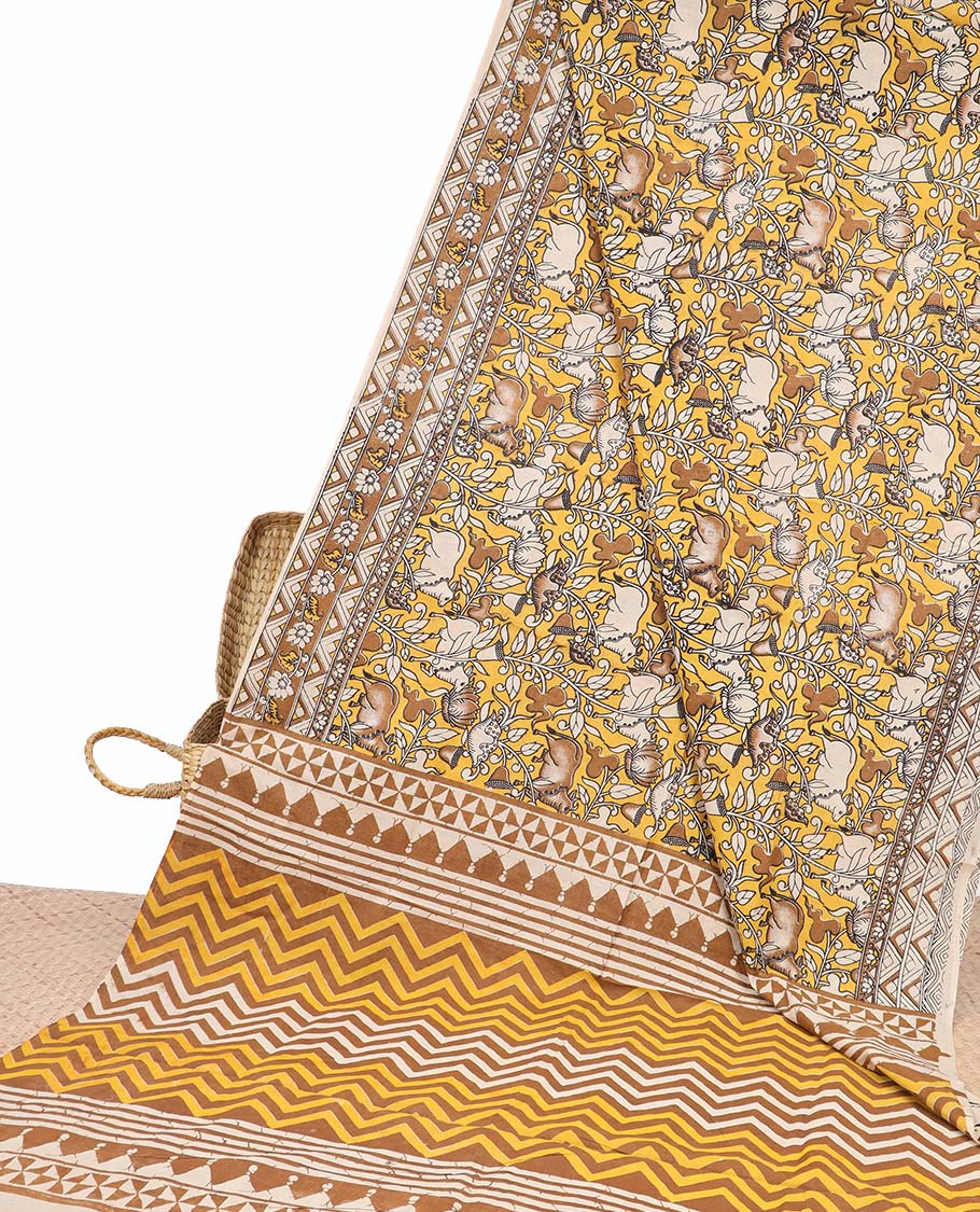 Yellow Pichwai cow machine-print kalamkari cotton saree, contrast chevron & floral printed border & chevron pallu