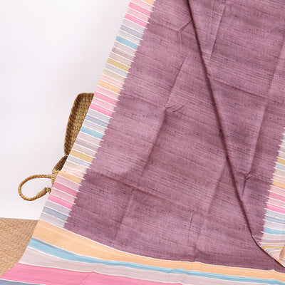 Violet semi-banaras tussar saree with contrast striped border & multi-colored striped pallu