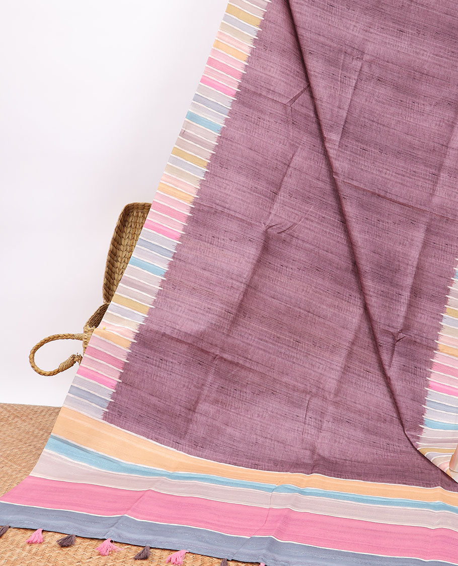 Violet semi-banaras tussar saree with contrast striped border & multi-colored striped pallu