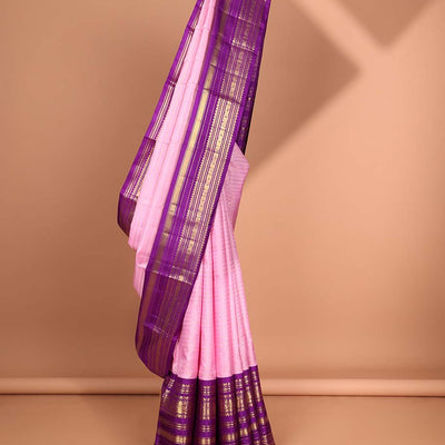 Pink striped silk saree,intricate pallu & contrast korai border of rekku, Mayil kann design
