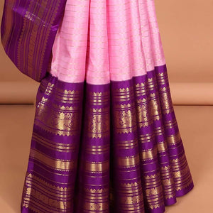 Pink striped silk saree,intricate pallu & contrast korai border of rekku, Mayil kann design