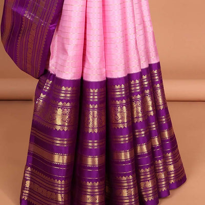 Pink striped silk saree,intricate pallu & contrast korai border of rekku, Mayil kann design