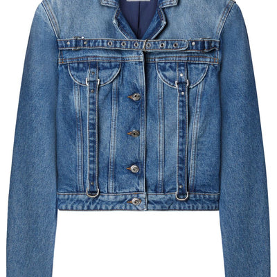 Off White Crop Denim Jacket With Belt