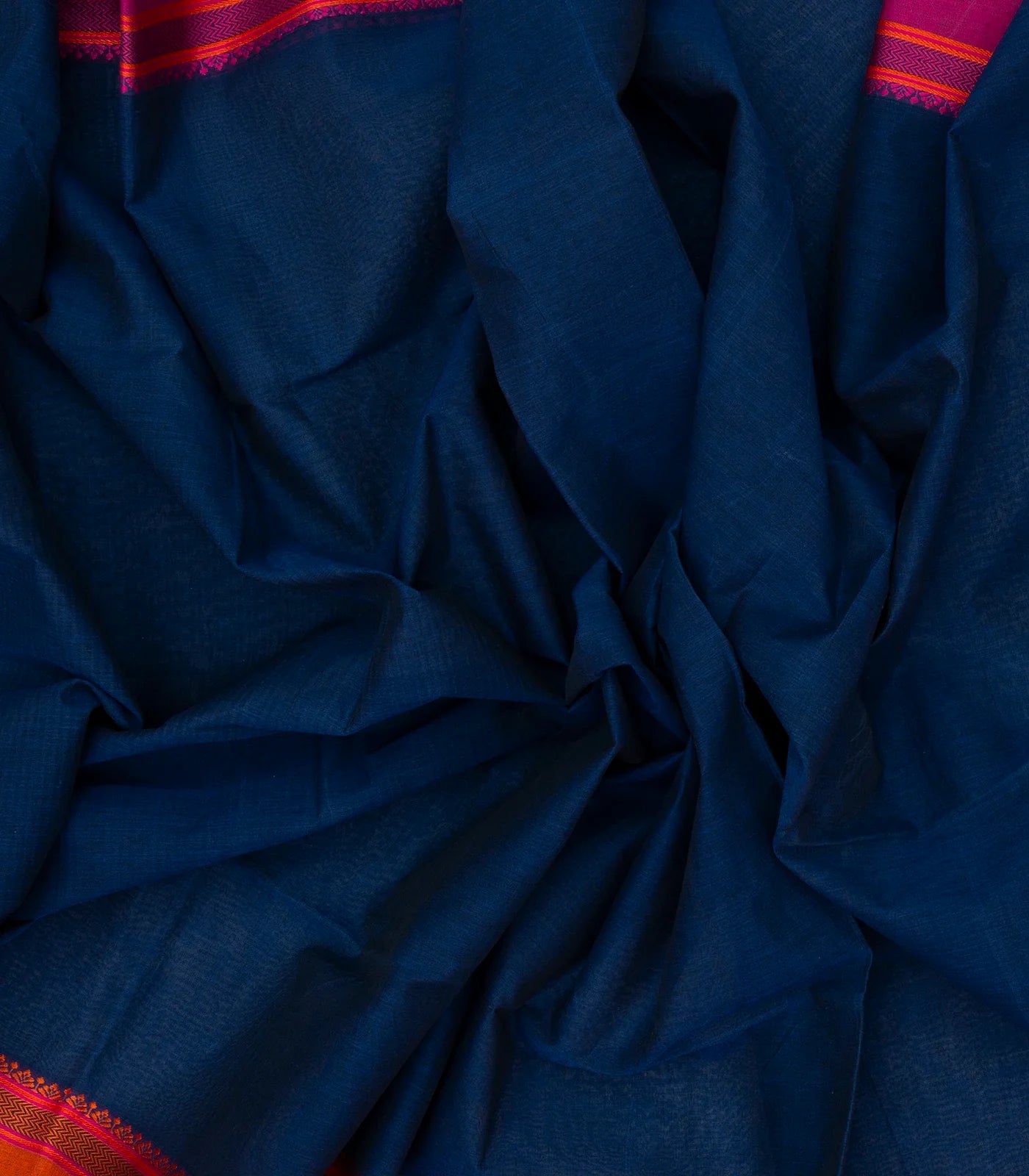 Navy Blue Bengal Cotton Saree With Pink & Orange Border