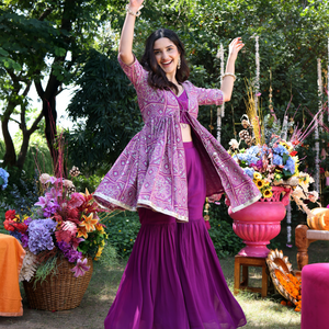Geometric Purple Elegance Printed Satin Sharara Set