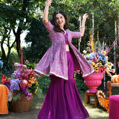 Geometric Purple Elegance Printed Satin Sharara Set