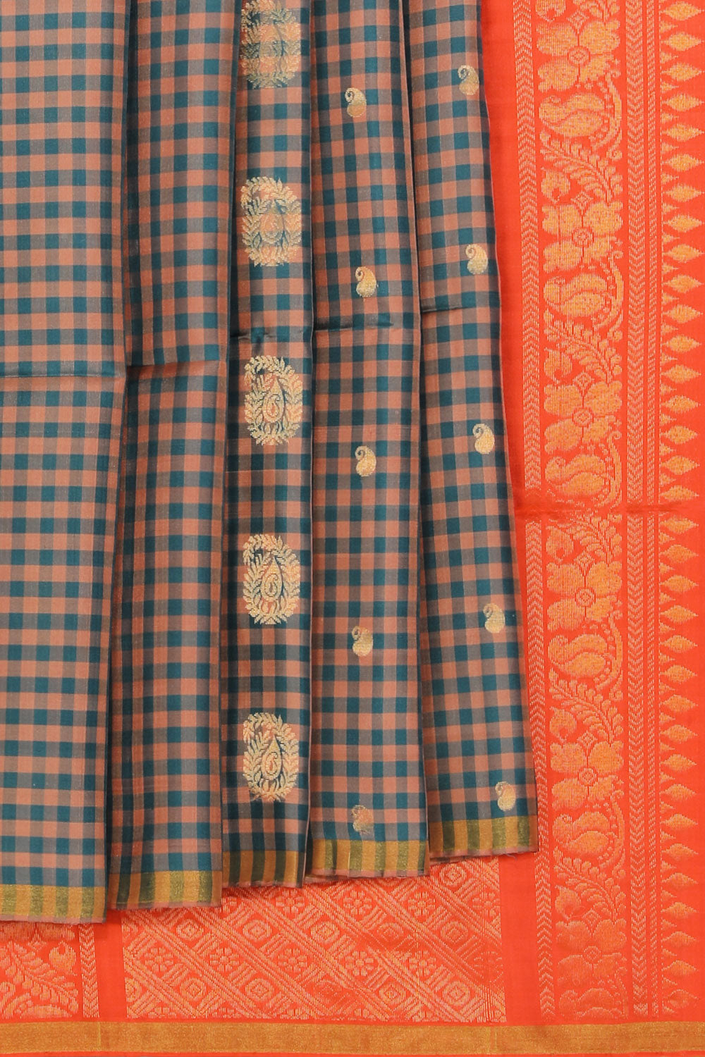 Gorgeous Teal Blue Saree With Coral-Orange Pallu