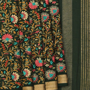 Crepe Silk Bottle Green Embroidered Saree