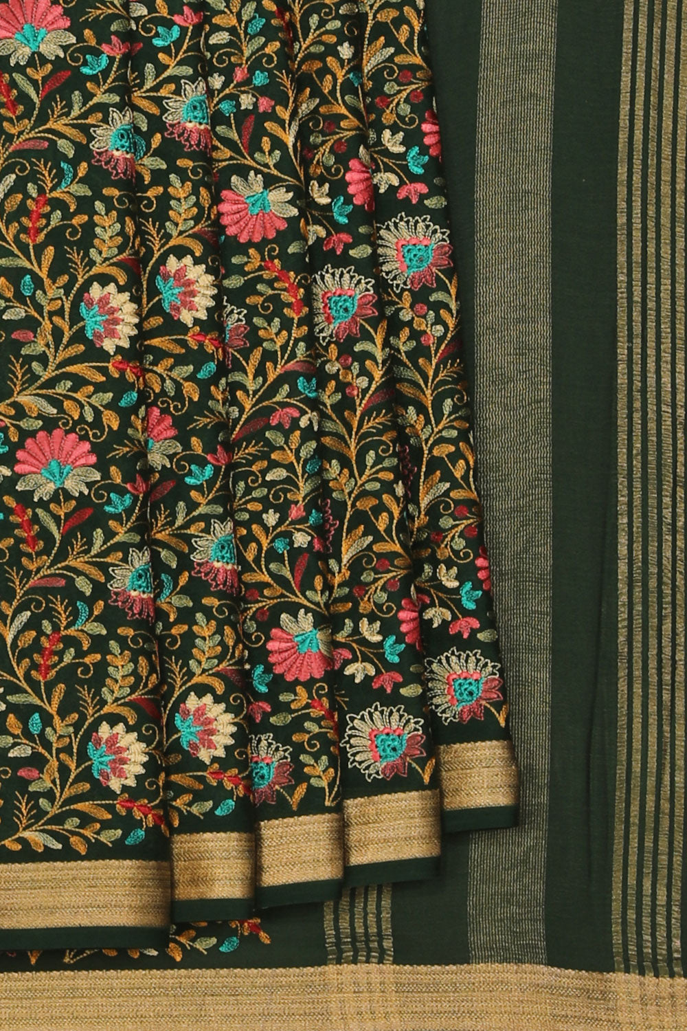 Crepe Silk Bottle Green Embroidered Saree