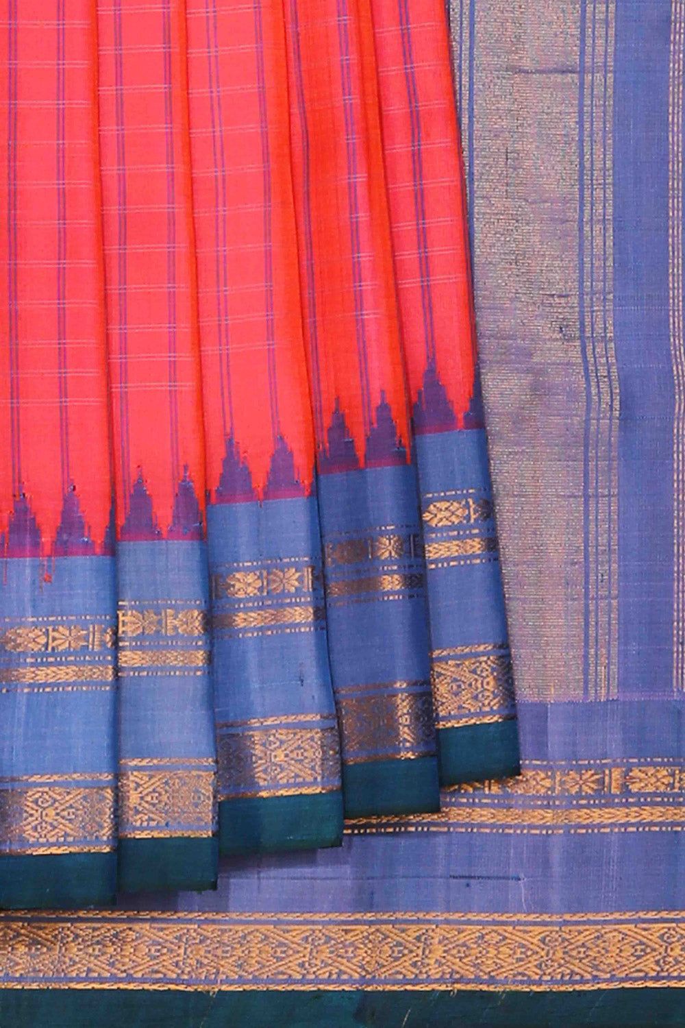Gadwal Silk Coral Red Saree