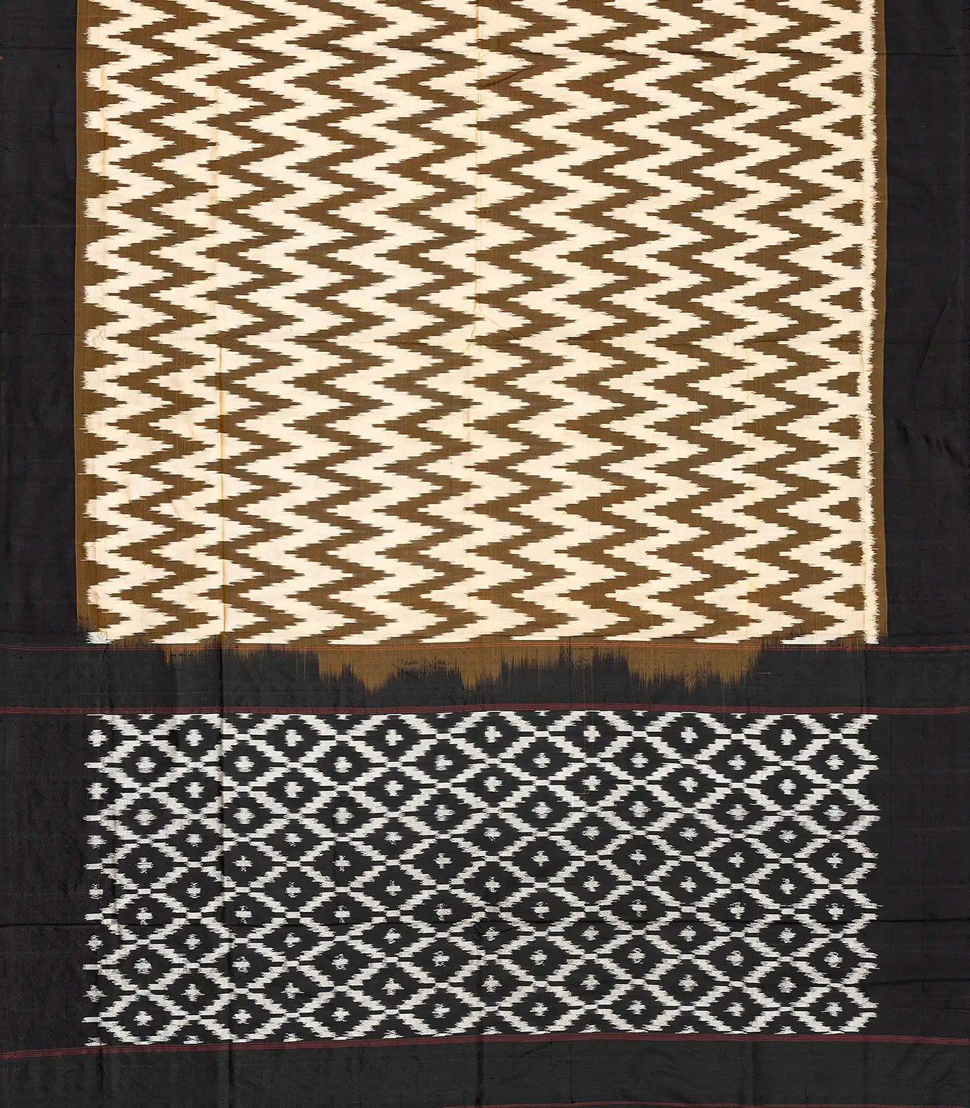 Dark Olive Handloom Ikat Silk Saree With White Chevron Motifs