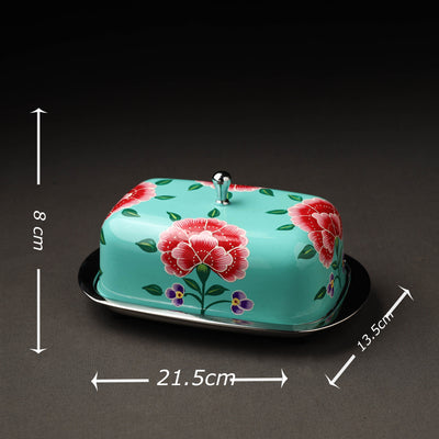 Blue - Floral Handpainted Enamelware Stainless Steel Butter Dish (Capacity- 500Grams)