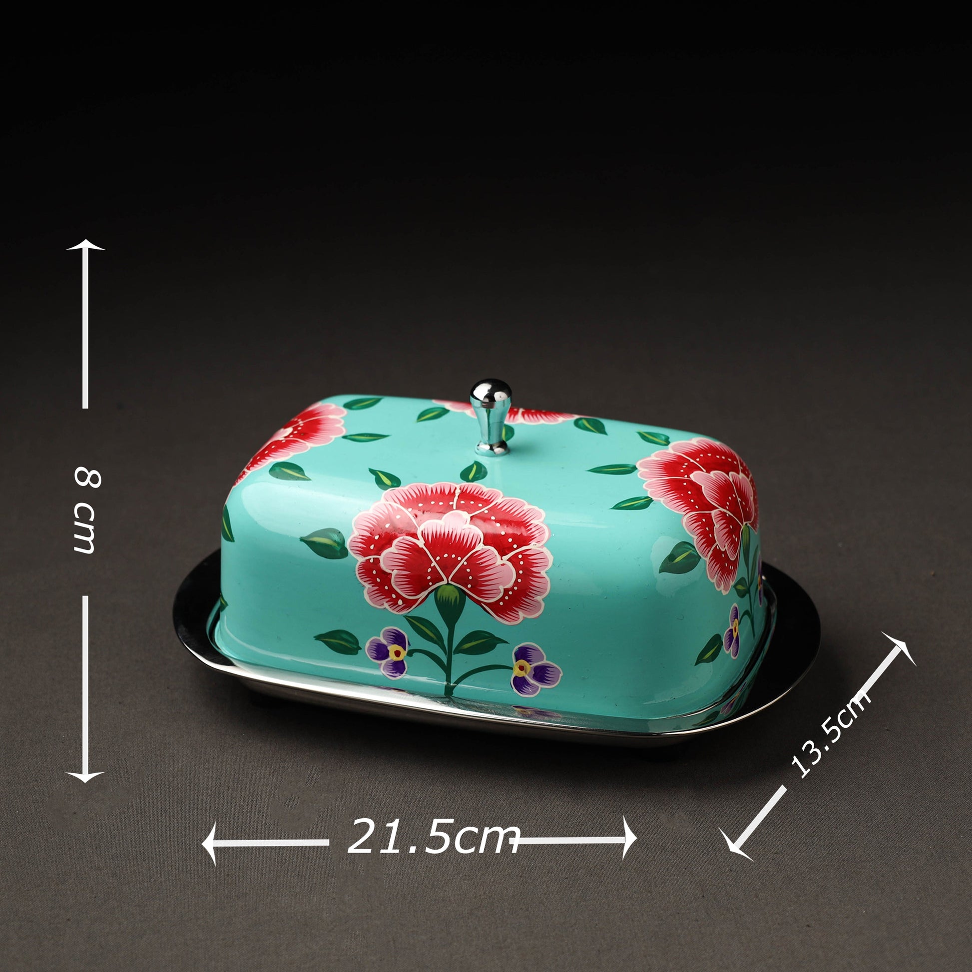 Blue - Floral Handpainted Enamelware Stainless Steel Butter Dish (Capacity- 500Grams)
