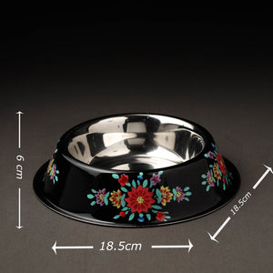 Black - Floral Handpainted Enamelware Stainless Steel Pet Bowl