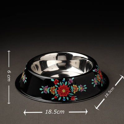 Black - Floral Handpainted Enamelware Stainless Steel Pet Bowl