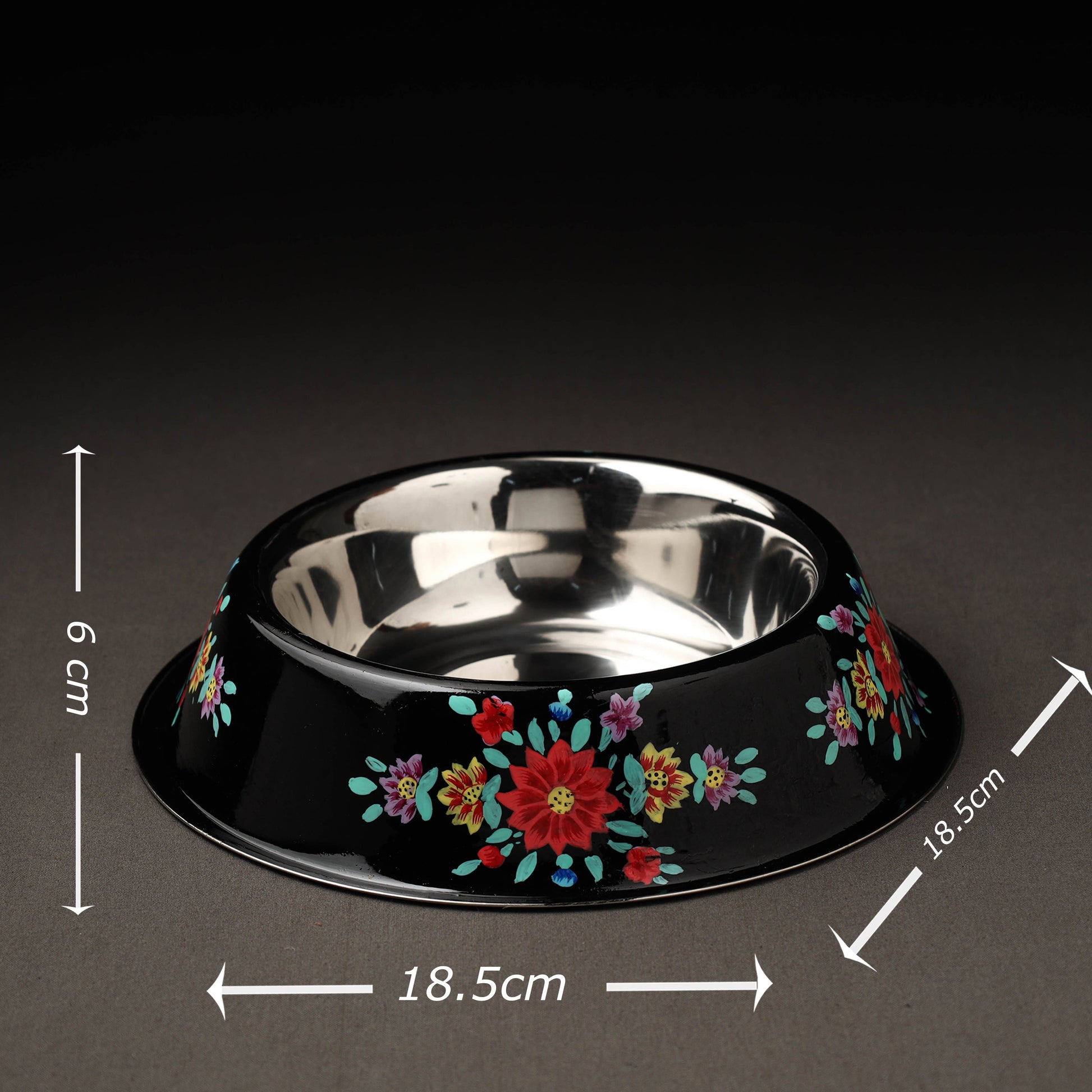 Black - Floral Handpainted Enamelware Stainless Steel Pet Bowl