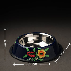 Blue - Floral Handpainted Enamelware Stainless Steel Pet Bowl