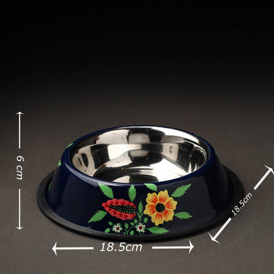 Blue - Floral Handpainted Enamelware Stainless Steel Pet Bowl